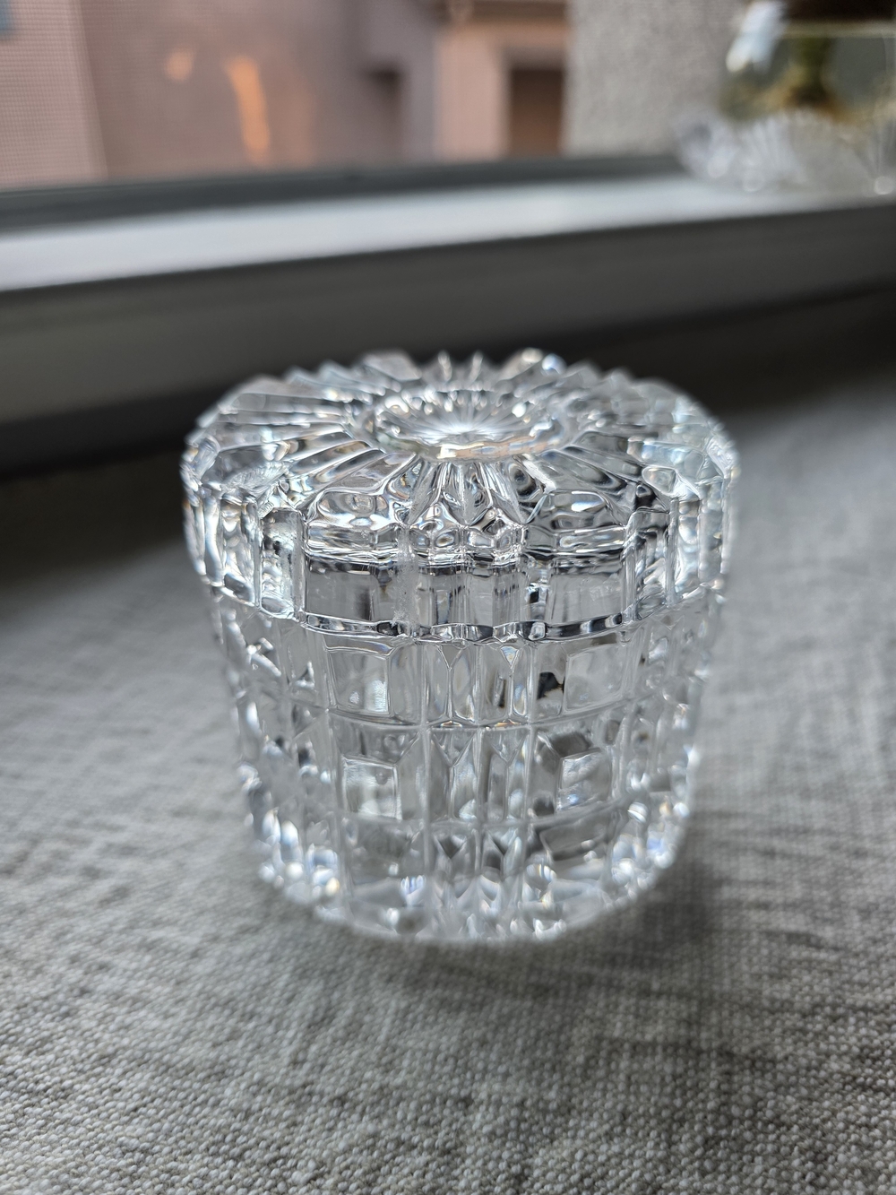 Vintage Cut Crystal Trinket Box Lidded Waffle Grid Powder Vanity Jar